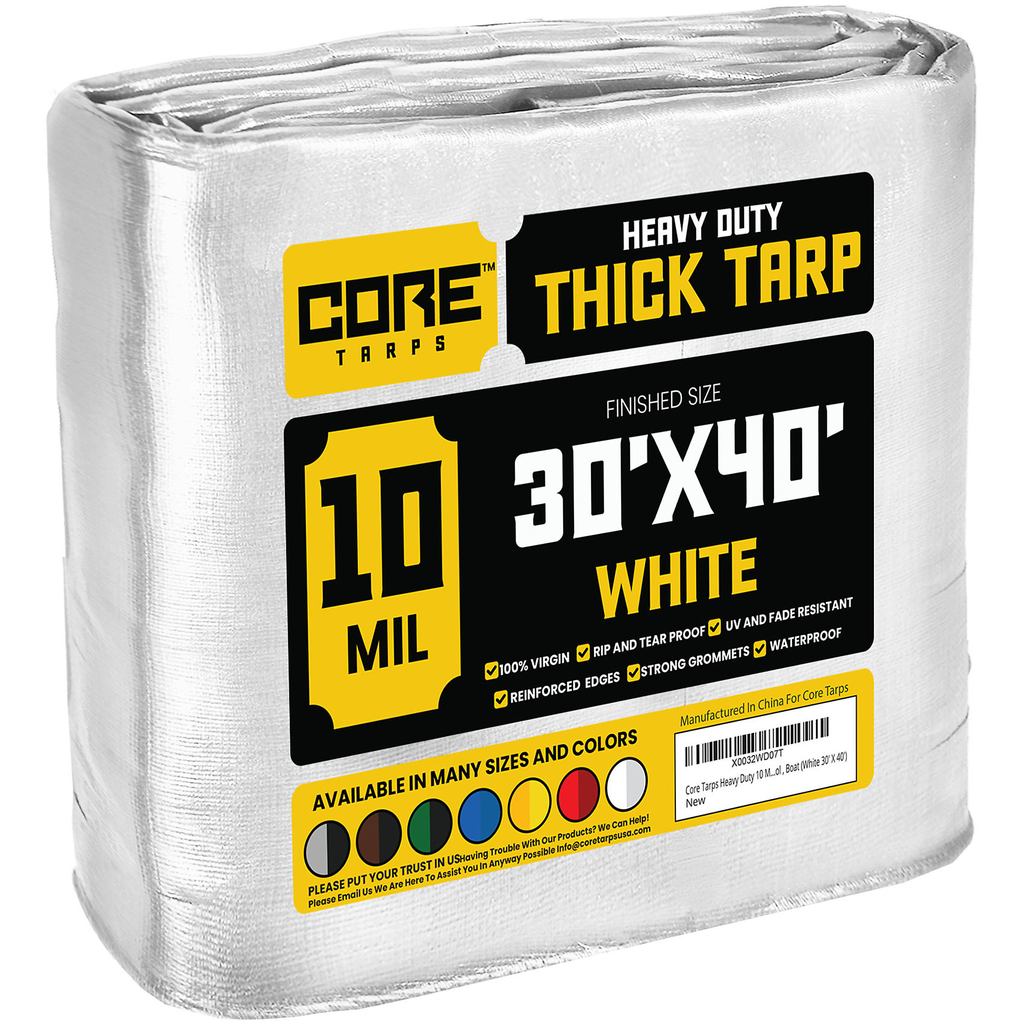 Core Tarps Heavy Duty Tarp Cover — 30ft. x 40ft., 10 Mil, Waterproof, UV Resistant, Rip and Tear Proof, Reinforced Edges, White, Model# CT-604-30X40